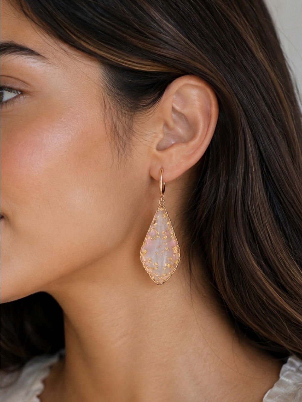 lonna & lilly Rose Gold Teardrop Earrings with Pink Resin and Gold Flake